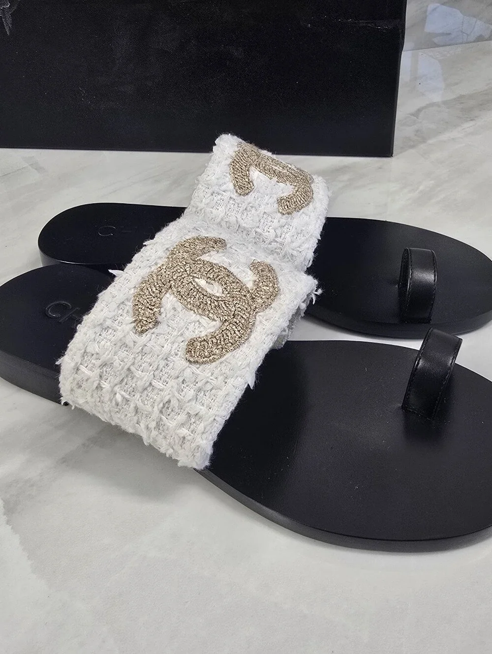 Chanel White Tweed & Gold Logo Slide Sandals